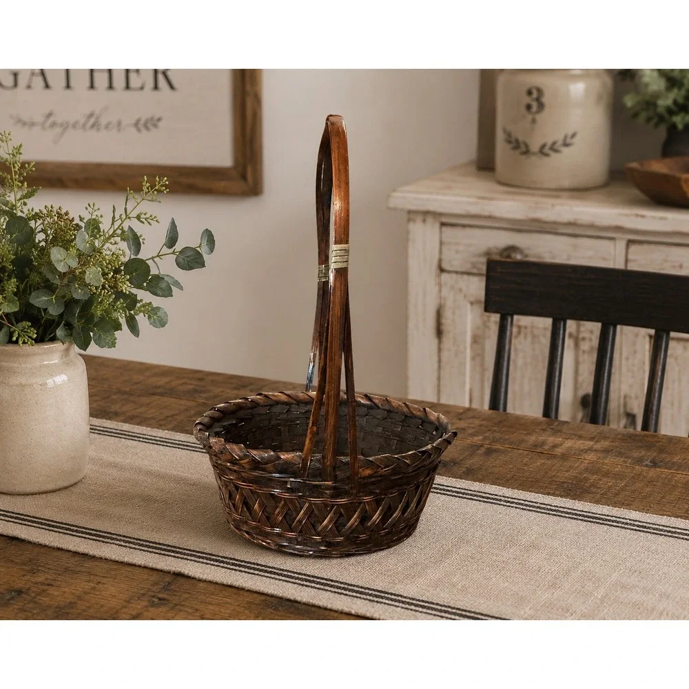 Vintage Dark Brown Wicker Gathering Basket Tall Handle Farmhouse Decor 10.5in‎